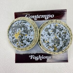 Contempo Fashions Vintage 80s Round Clip On Earrings Gold Tone Blue Gray‎